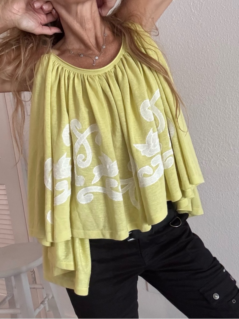 Free People Yellowish Off-Shoulder Baggy Boho Crop Top with White Print L